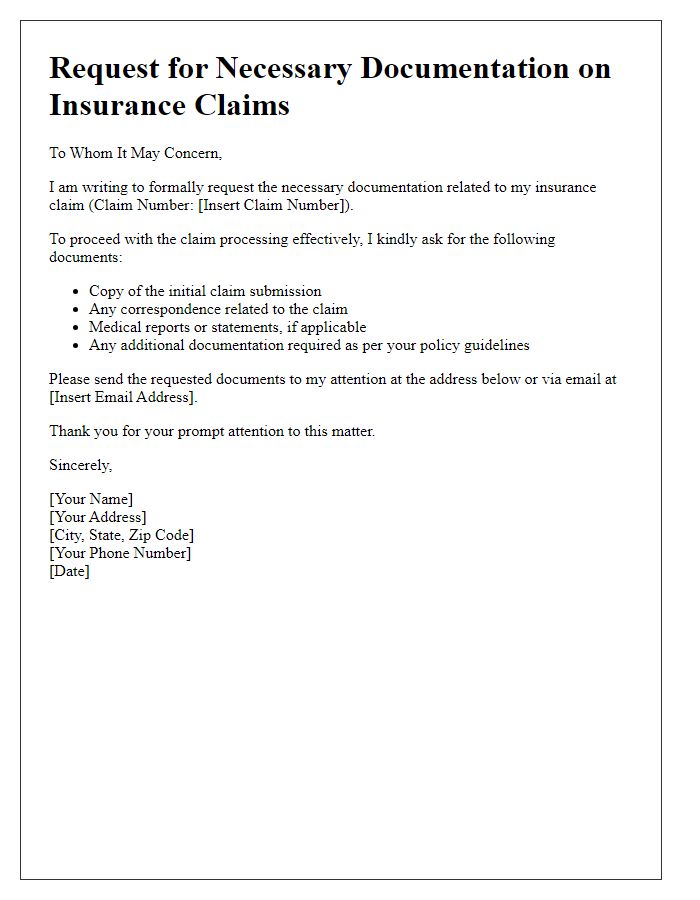 Letter template of request for necessary documentation on insurance claims