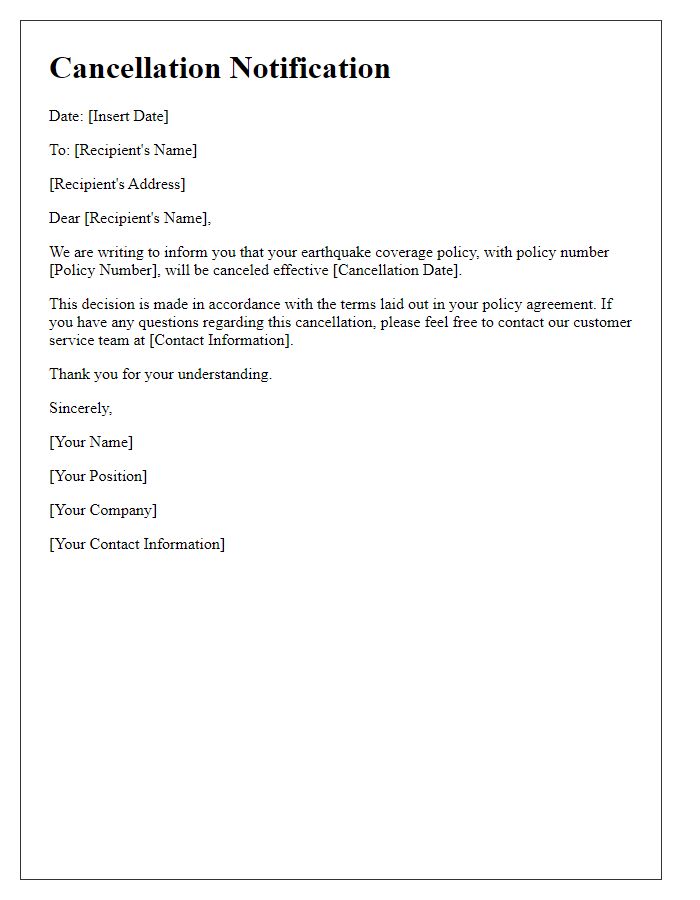 Letter template of cancellation notification for earthquake coverage