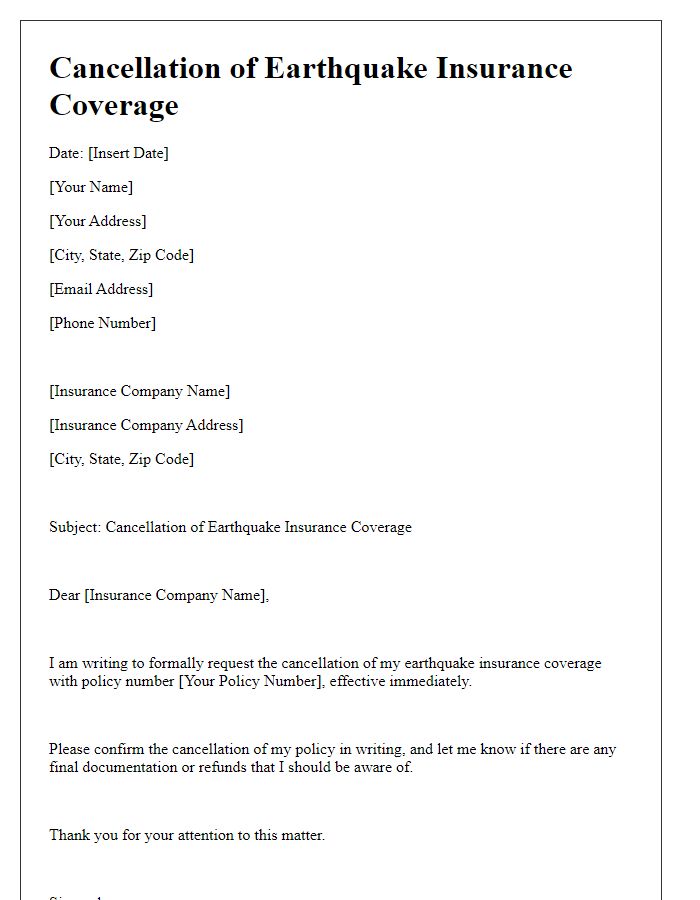 Letter template of cancellation of earthquake insurance coverage