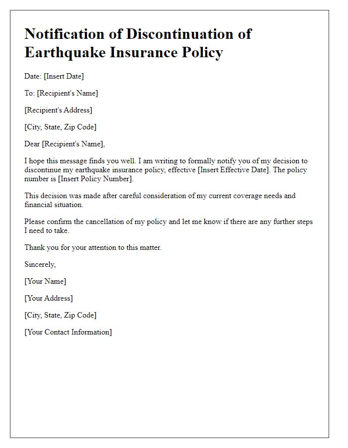 Letter template of discontinuing earthquake insurance policy