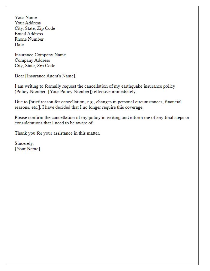 Letter template of formal cancellation request for earthquake insurance