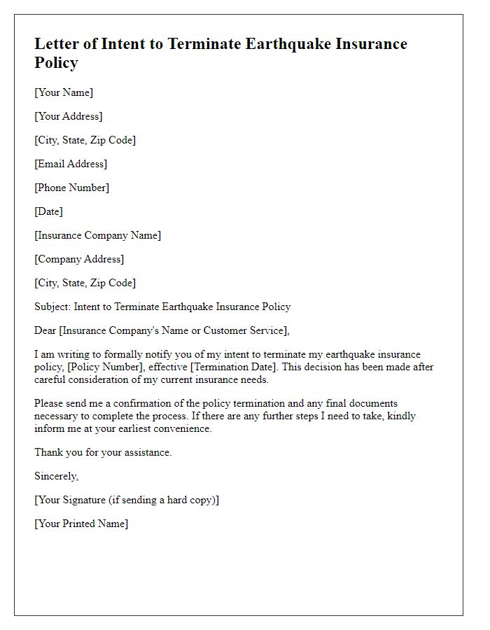 Letter template of intent to terminate earthquake insurance policy