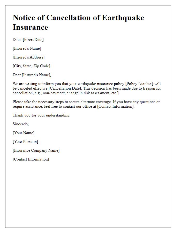 Letter template of notice for earthquake insurance cancellation