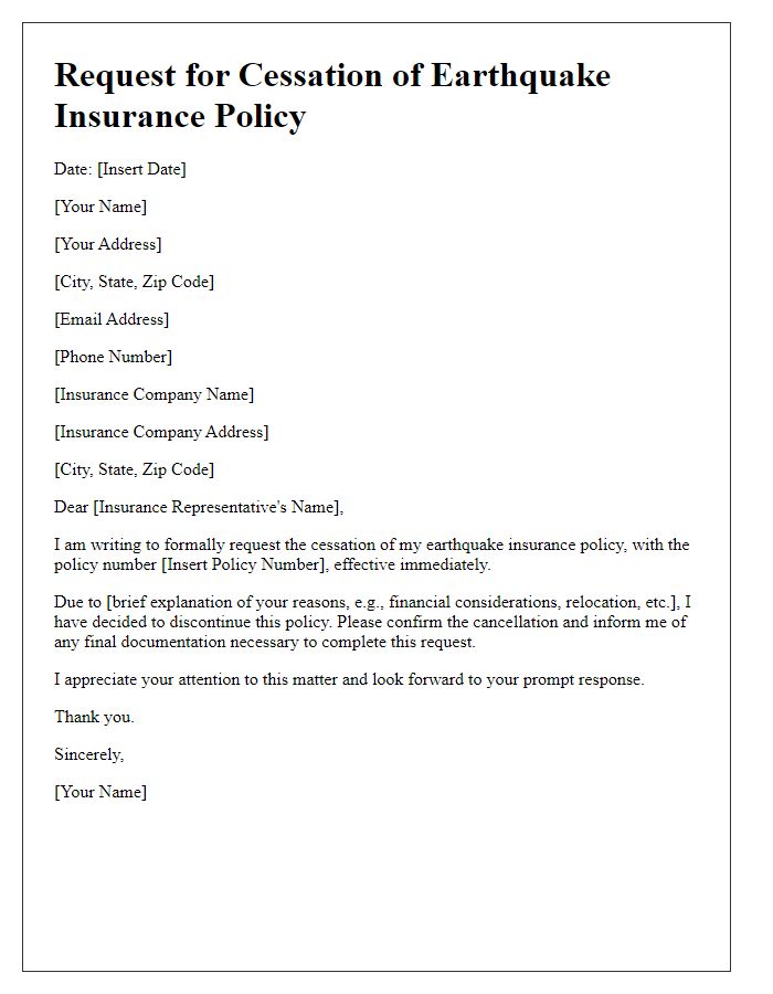 Letter template of request for cessation of earthquake insurance policy