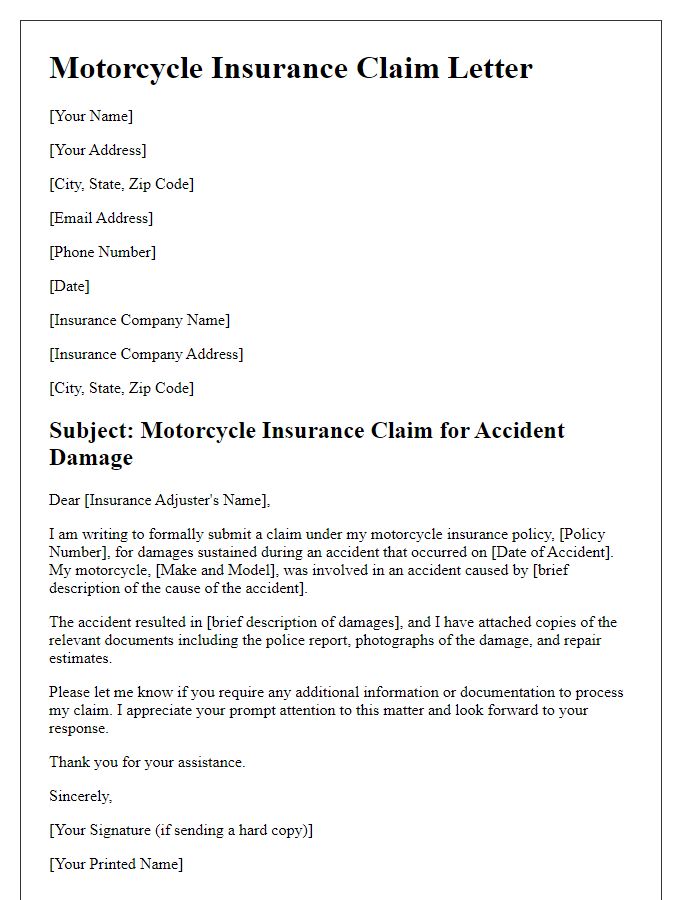 Letter template of motorcycle insurance claim for accident damage.