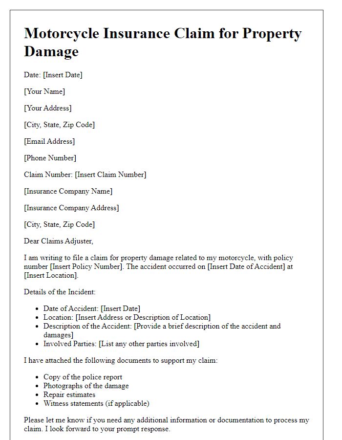 Letter template of motorcycle insurance claim for property damage.