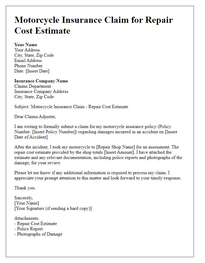 Letter template of motorcycle insurance claim for repair cost estimate.