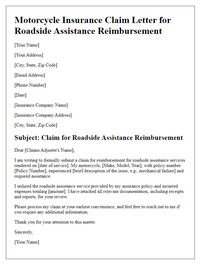 Letter template of motorcycle insurance claim for roadside assistance reimbursement.