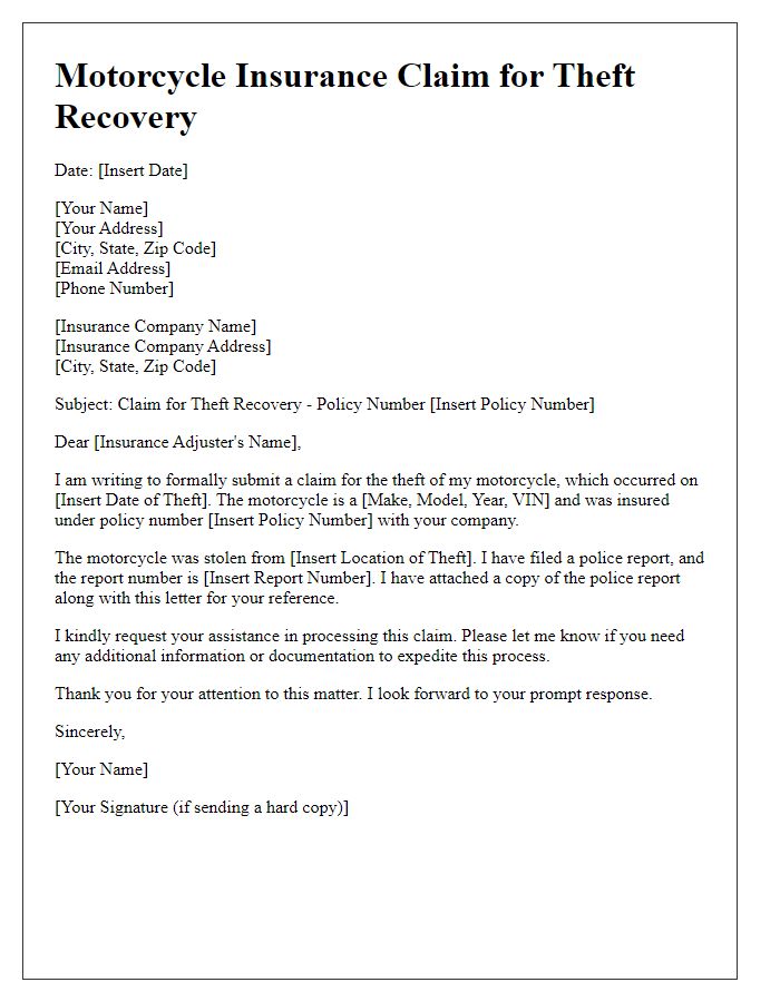 Letter template of motorcycle insurance claim for theft recovery.