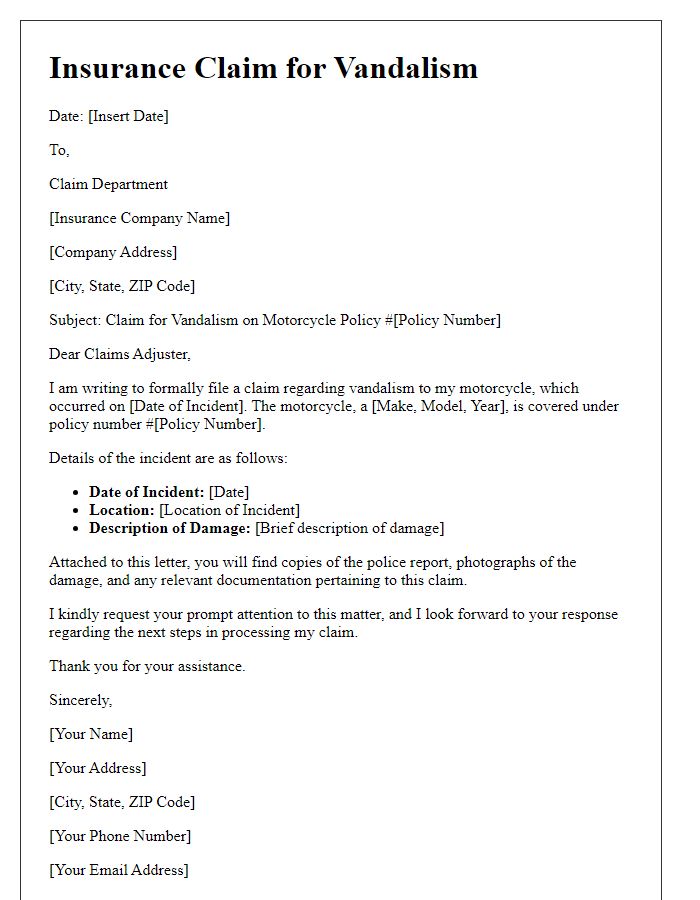 Letter template of motorcycle insurance claim for vandalism.