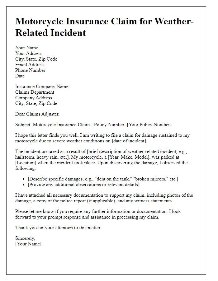 Letter template of motorcycle insurance claim for weather-related incidents.