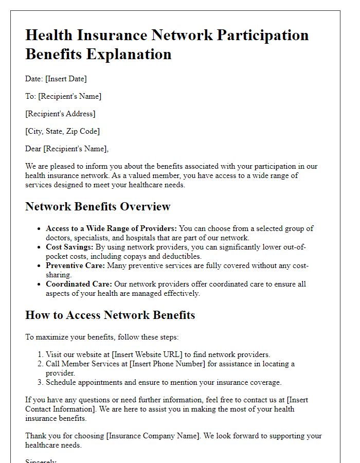 Letter template of health insurance network participation benefits explanation