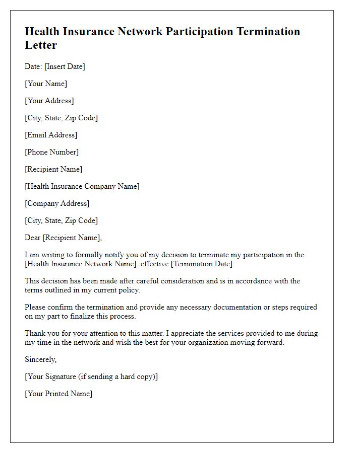 Letter template of health insurance network participation termination