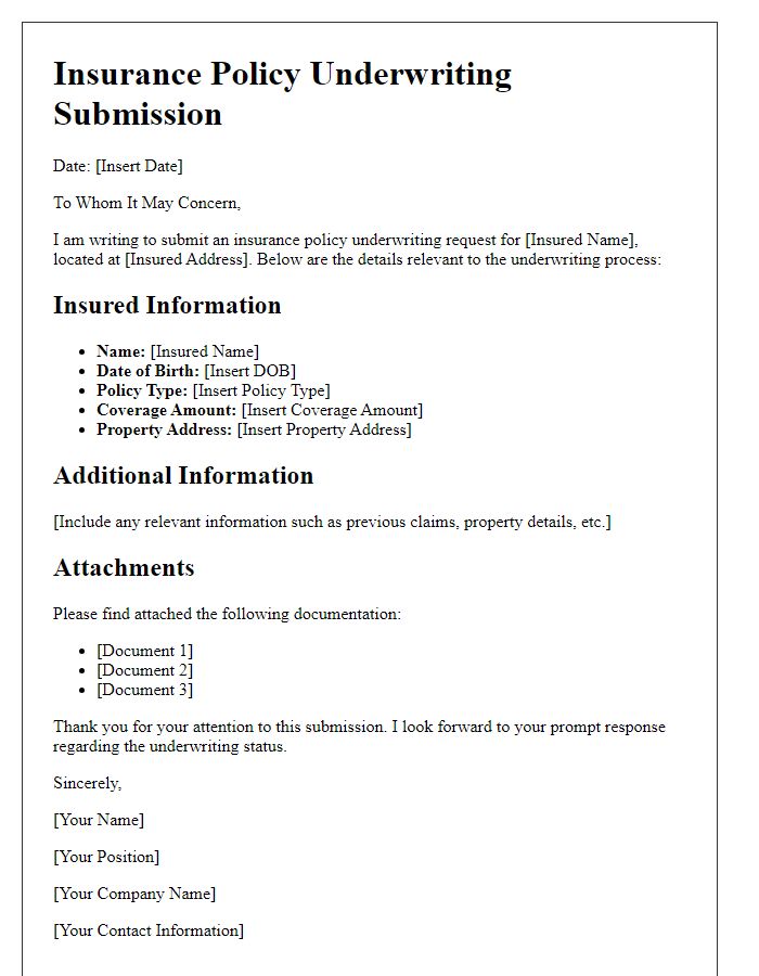 Letter template of insurance policy underwriting submission