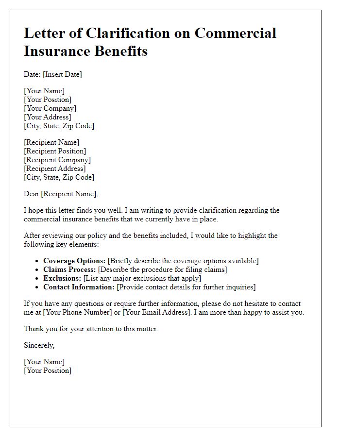 Letter template of clarification on commercial insurance benefits