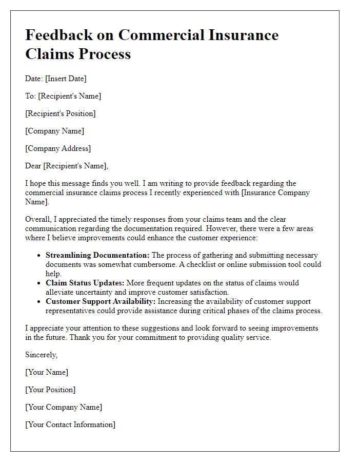 Letter template of feedback on commercial insurance claims process