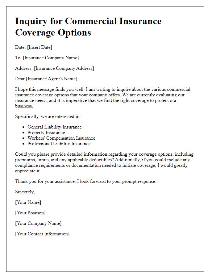 Letter template of inquiry for commercial insurance coverage options