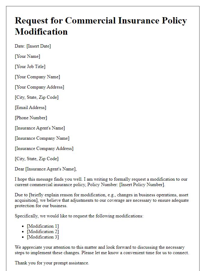 Letter template of request for commercial insurance policy modification