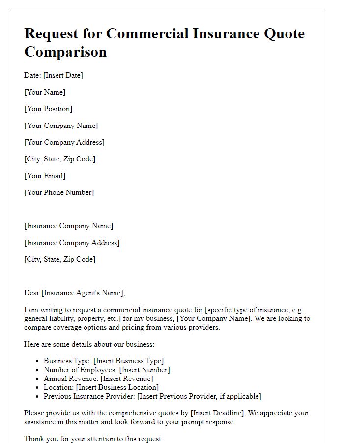 Letter template of request for commercial insurance quote comparison