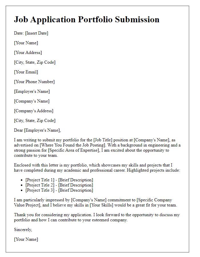 Letter template of job application portfolio submission for engineering candidates