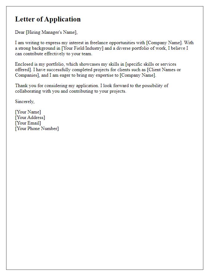 Letter template of job application portfolio submission for freelance opportunities