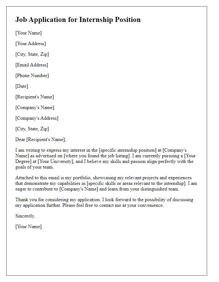 Letter template of job application portfolio submission for internships