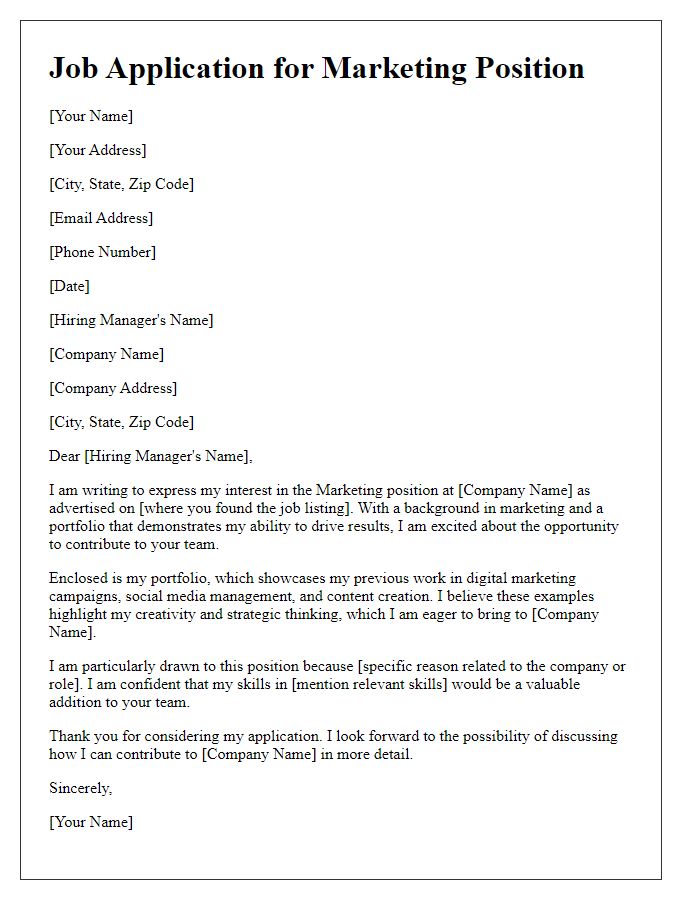 Letter template of job application portfolio submission for marketing positions