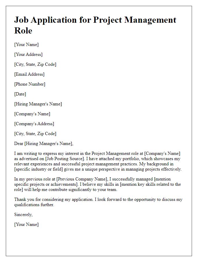 Letter template of job application portfolio submission for project management roles