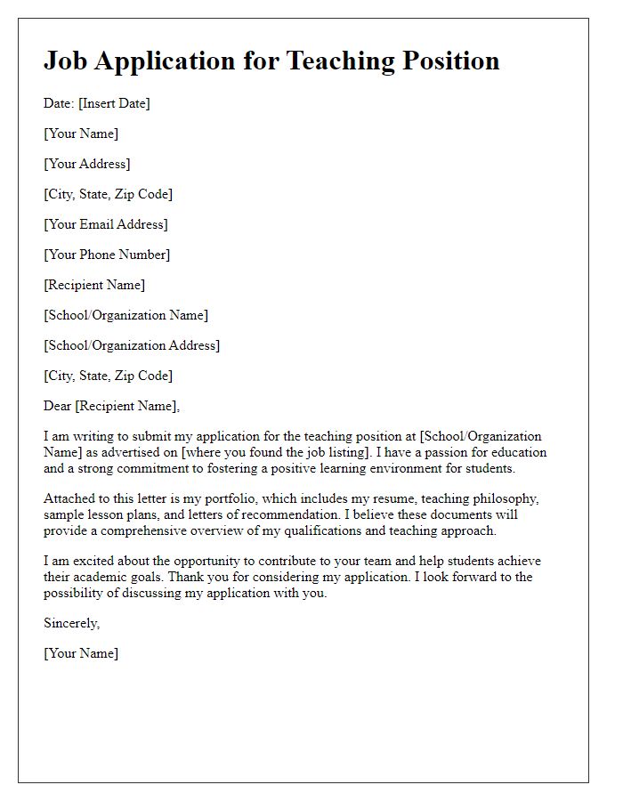 Letter template of job application portfolio submission for teaching positions