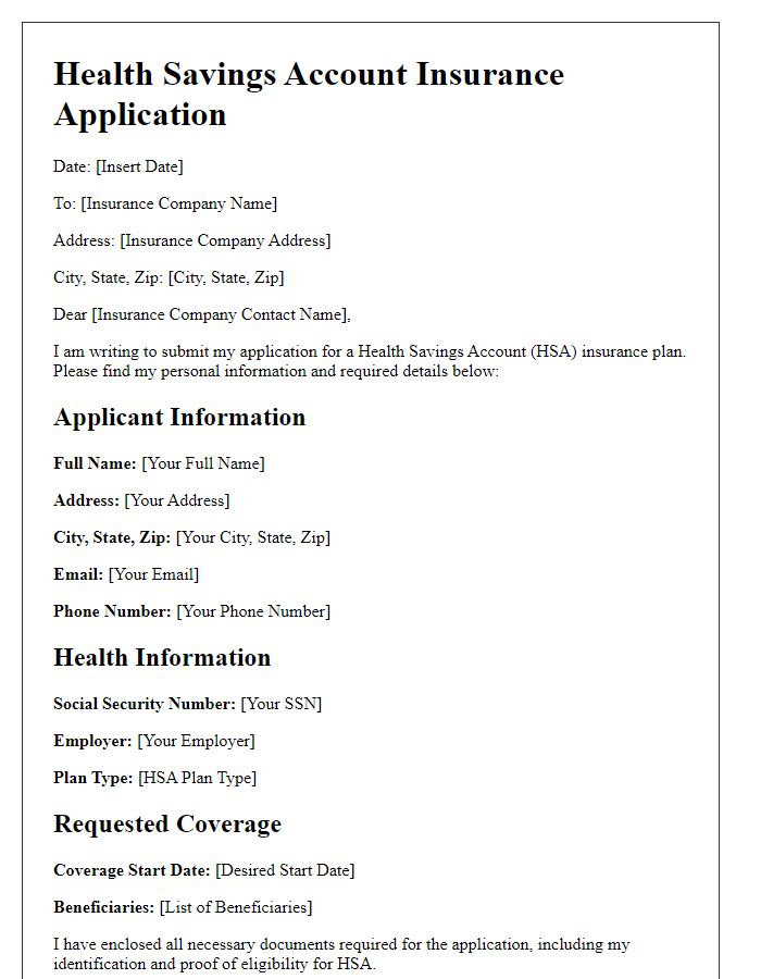 Letter template of health savings account insurance application