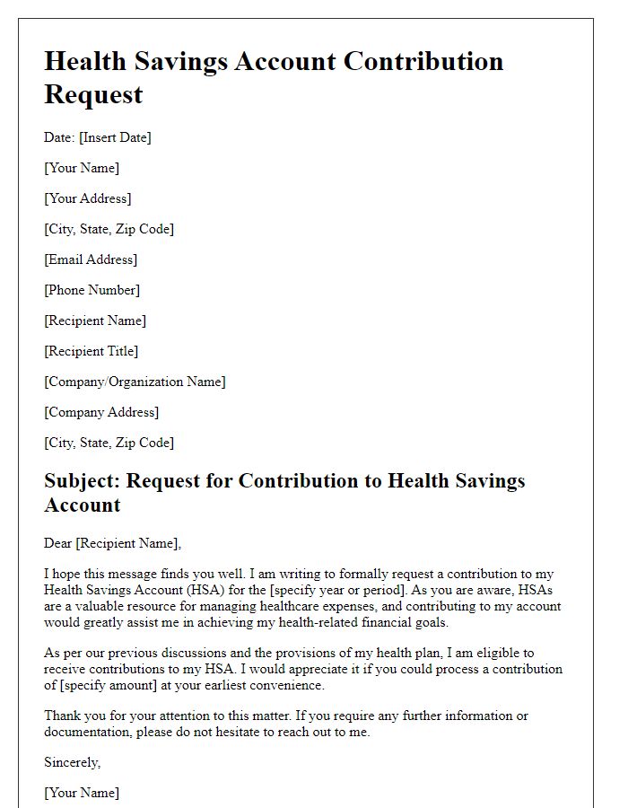 Letter template of health savings account insurance contribution request