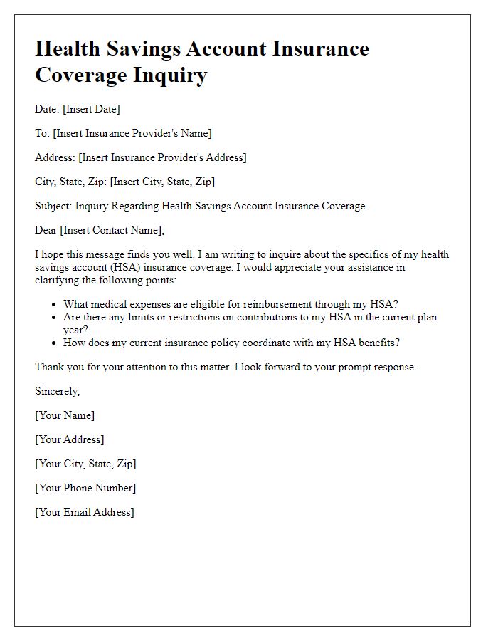 Letter template of health savings account insurance coverage query