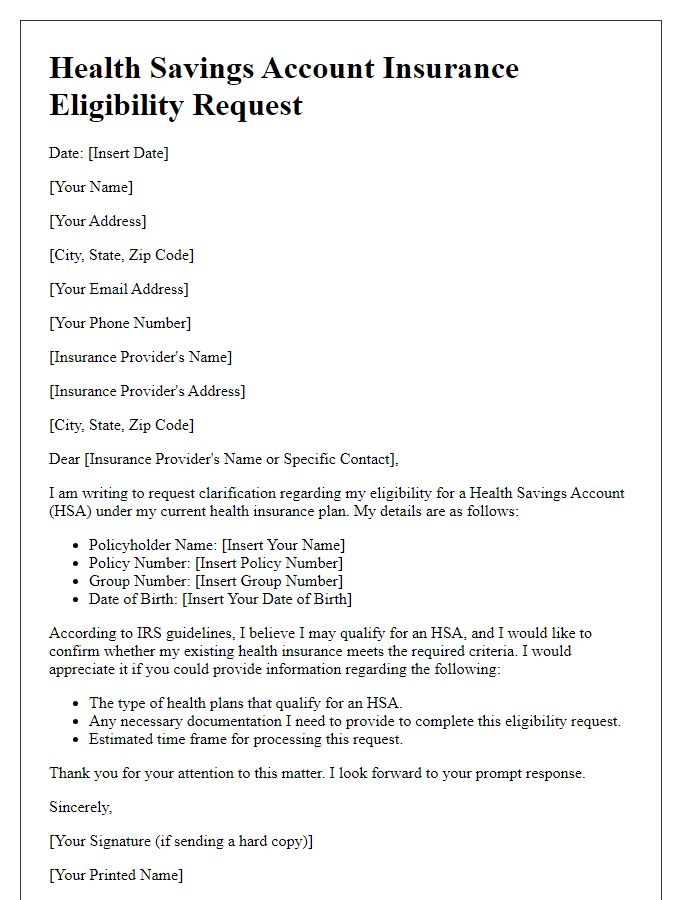 Letter template of health savings account insurance eligibility request