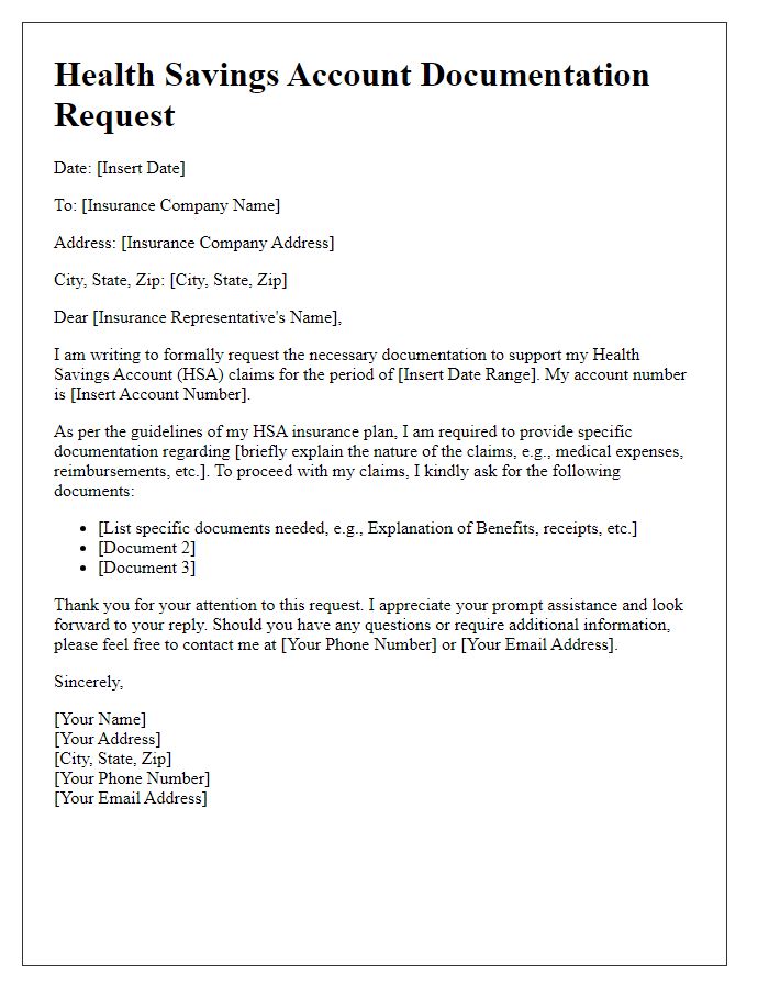 Letter template of health savings account insurance support documentation request