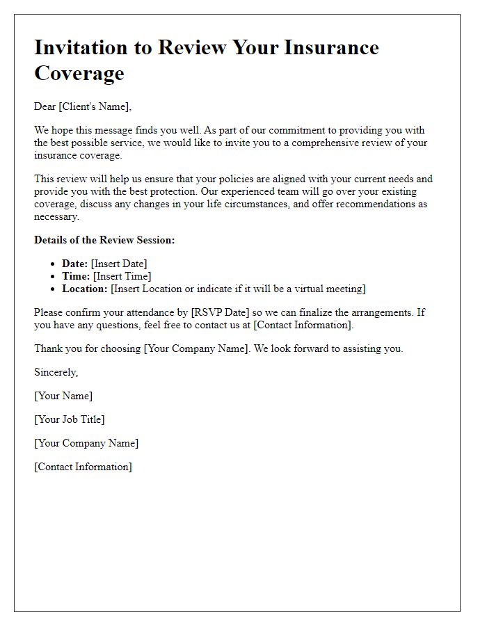 Letter template of insurance coverage review invitation.