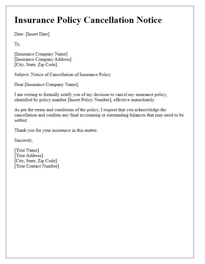 Letter template of insurance policy cancellation notice.