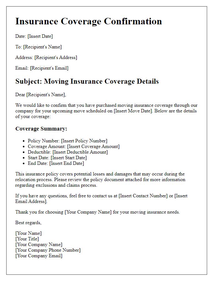 Letter template of insurance coverage for moving assurance