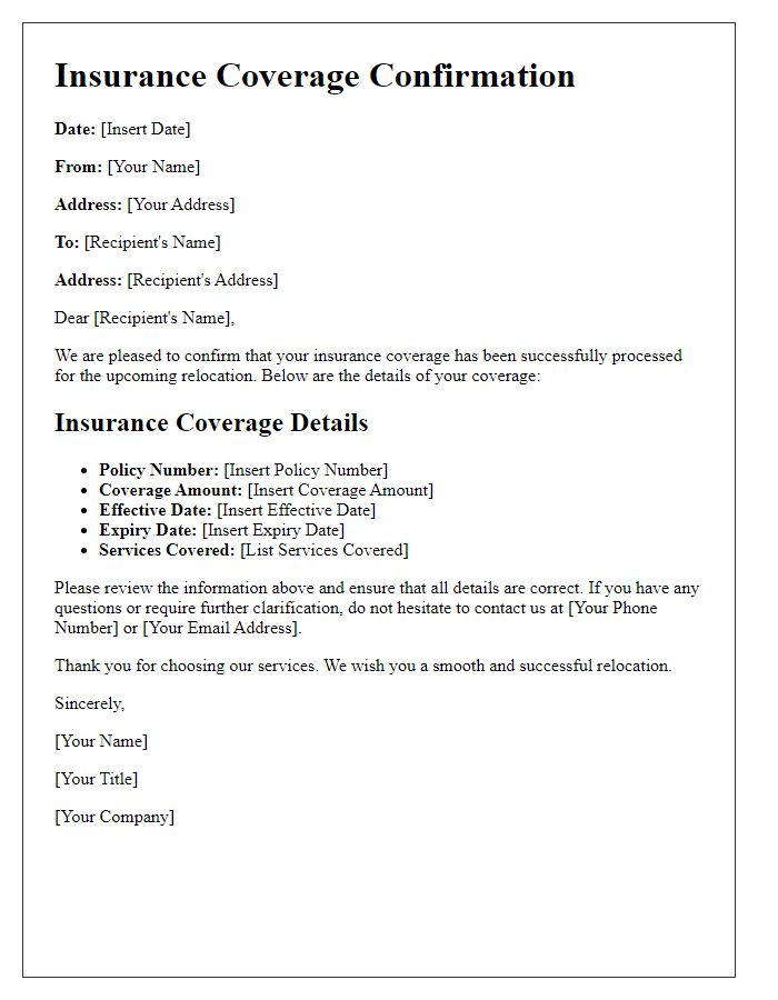 Letter template of insurance coverage for relocation confirmation