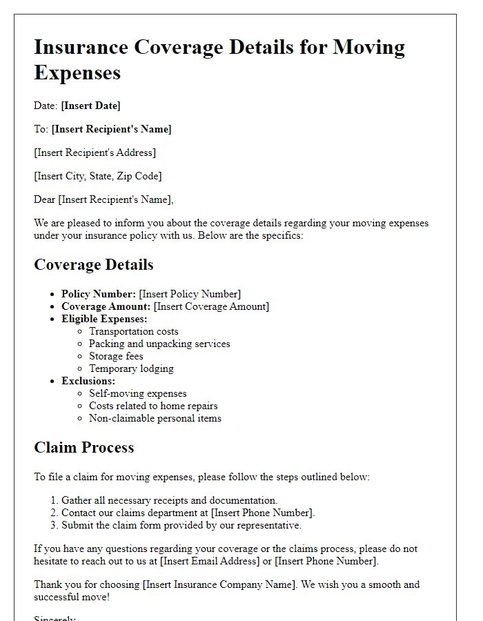 Letter template of insurance moving expenses coverage details