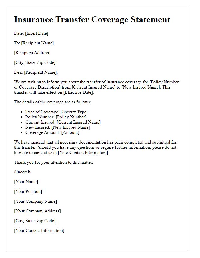 Letter template of insurance transfer coverage statement