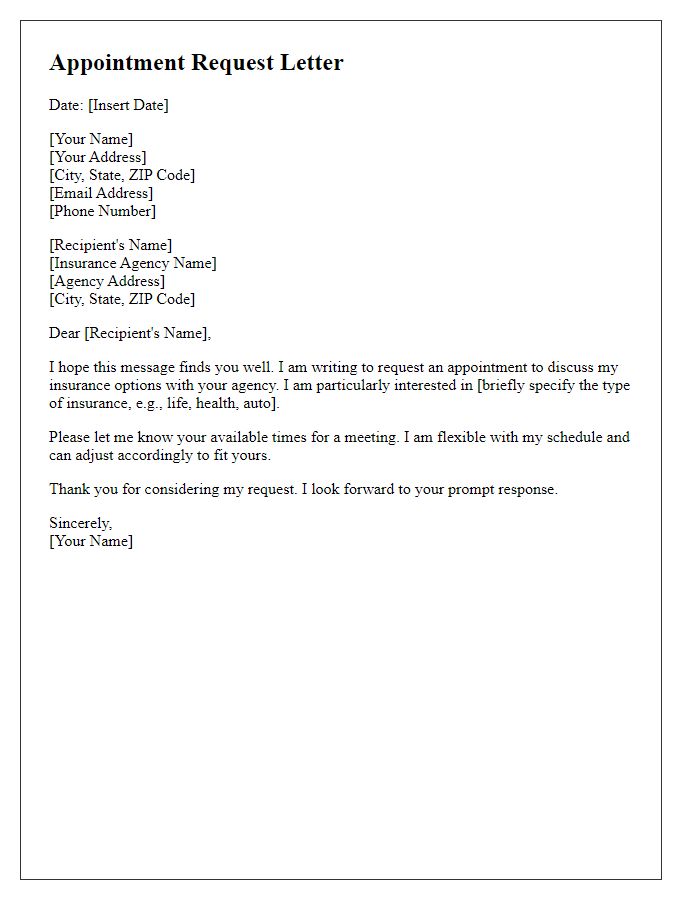 Letter template of appointment request for insurance agent.