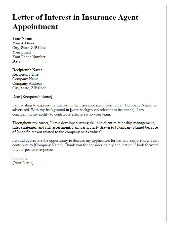 Letter template of interest in insurance agent appointment.