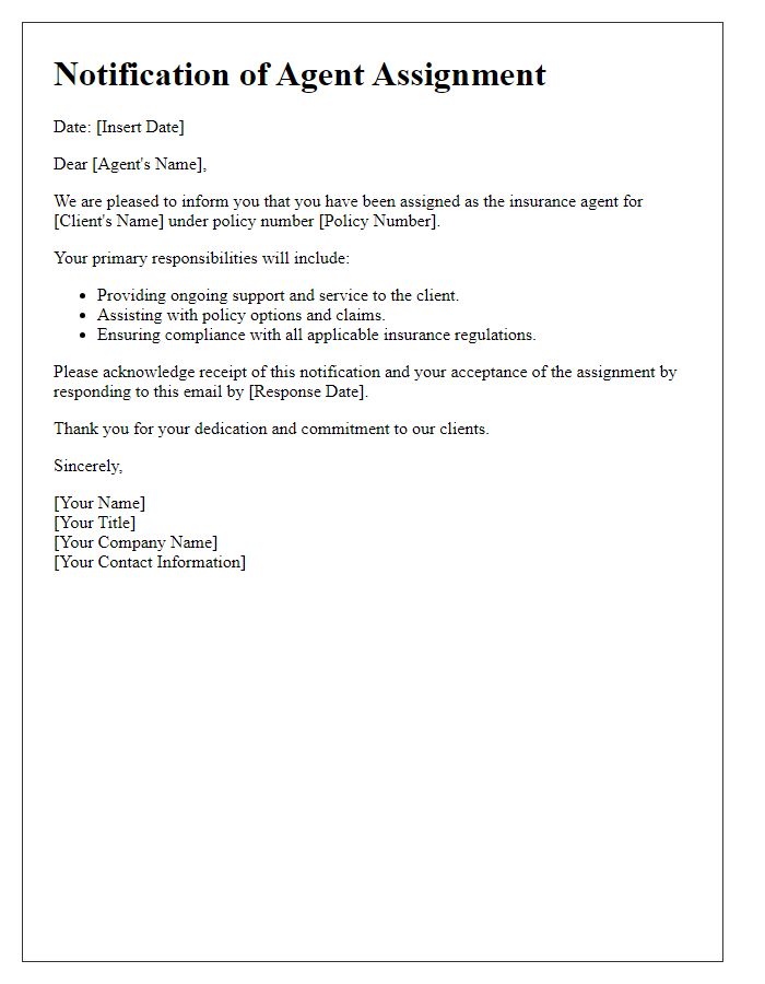 Letter template of notification for insurance agent assignment.