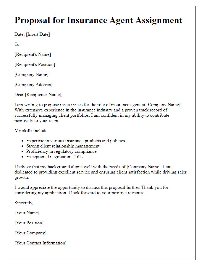 Letter template of proposal for insurance agent assignment.