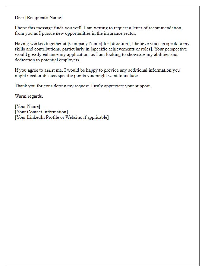 Letter template of recommendation request for insurance agent.