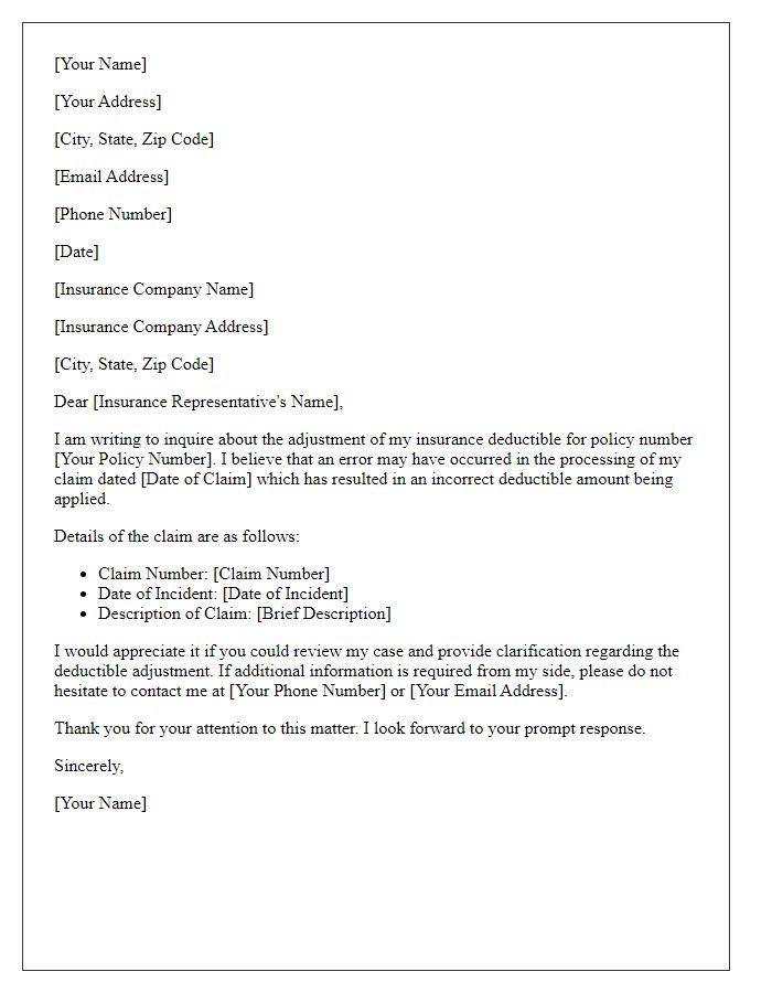 Letter template of insurance deductible adjustment inquiry.