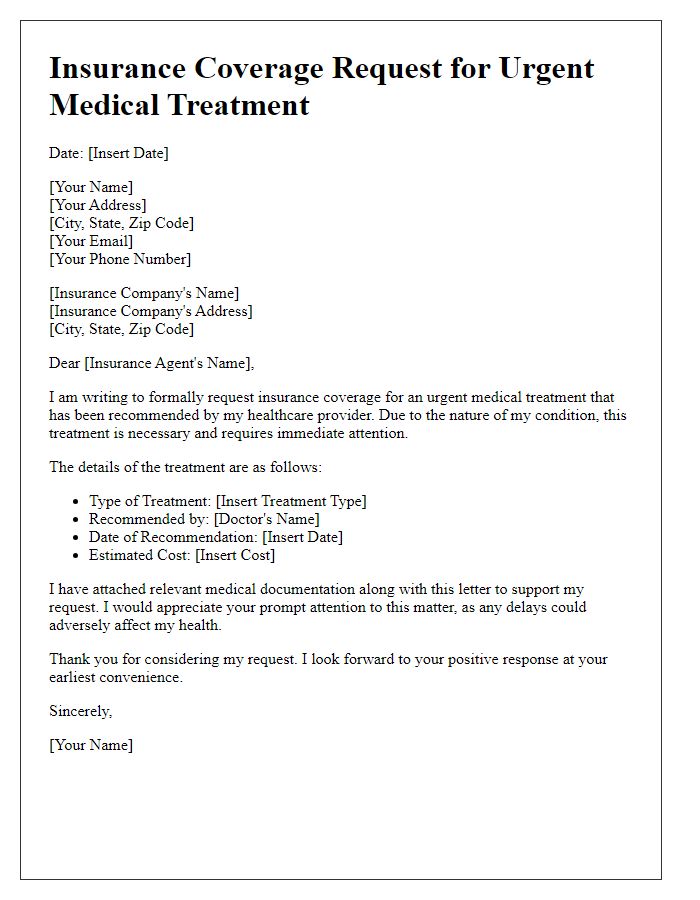 Letter template of insurance coverage request for urgent medical treatment