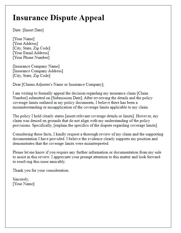 Letter template of insurance dispute appeal regarding coverage limits