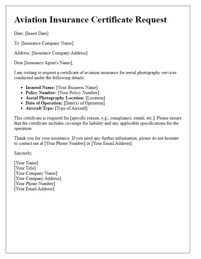 Letter template of aviation insurance certificate request for aerial photography.