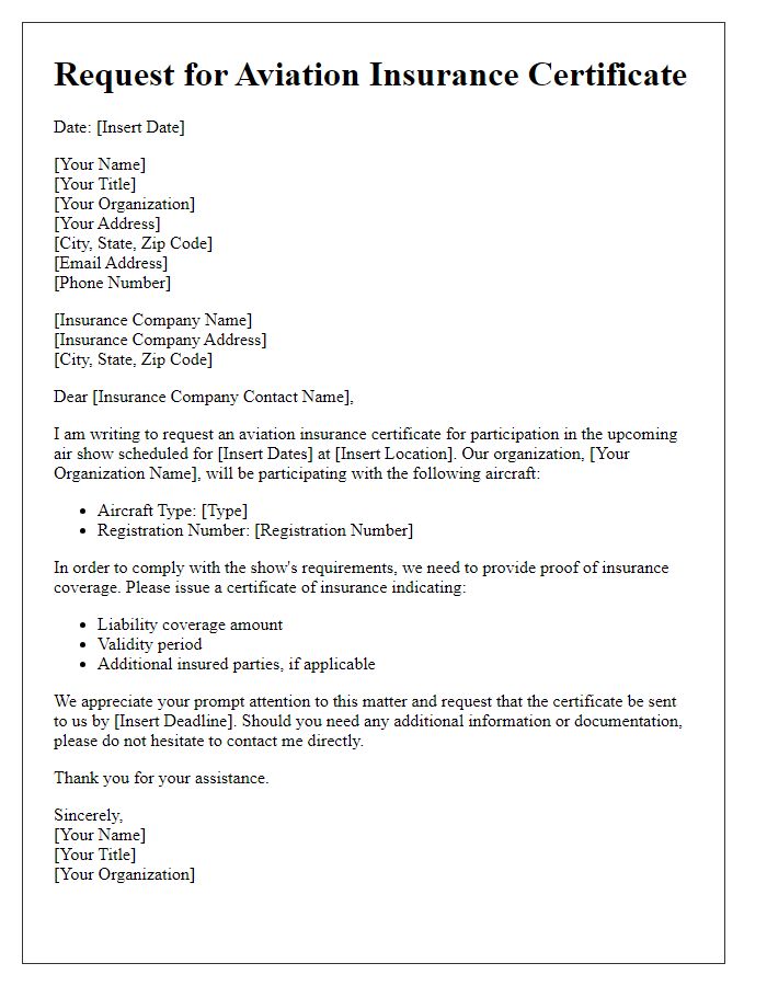 Letter template of aviation insurance certificate request for air show participation.